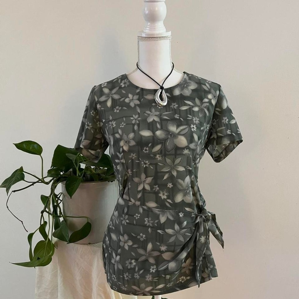 Vintage Floral Sage Green Top with Side Tie Waist